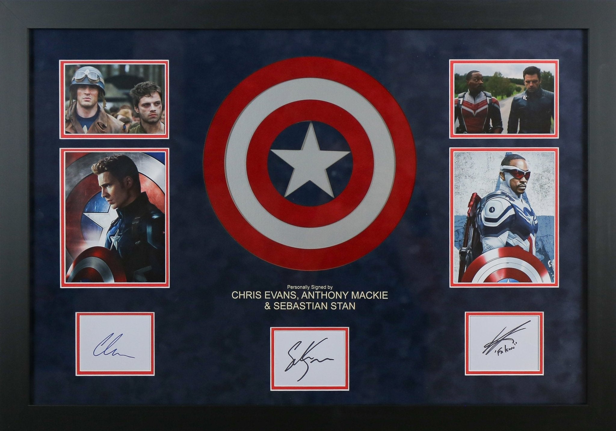 Triple Signed Captain America White card Framed Display - Memorabilia Framers Shop